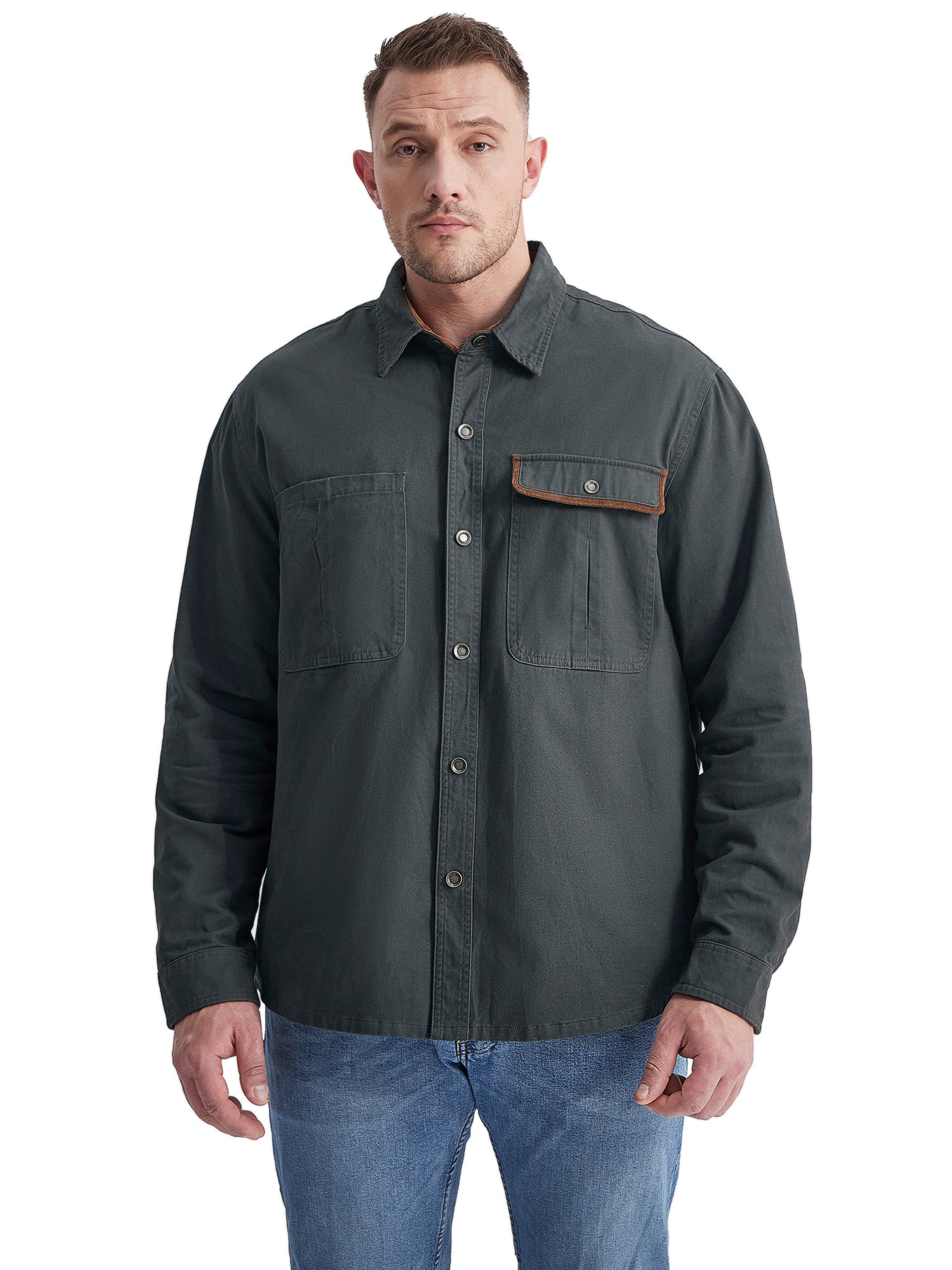 Mr.Stream Men's Washed Cotton Two Pockets Snap Button Up Twill Shirt