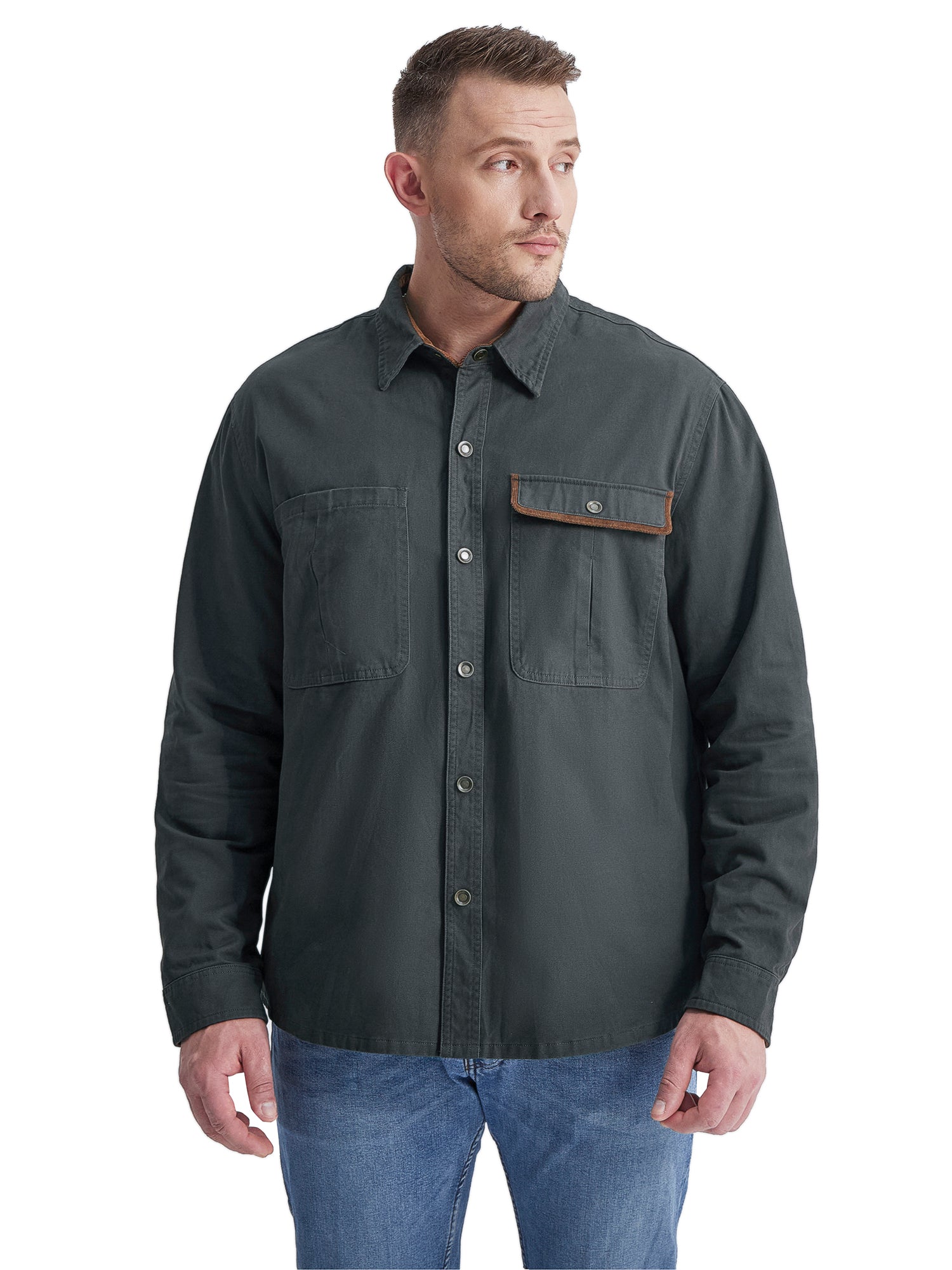 Mr.Stream Men's Washed Cotton Two Pockets Snap Button Up Twill Shirt