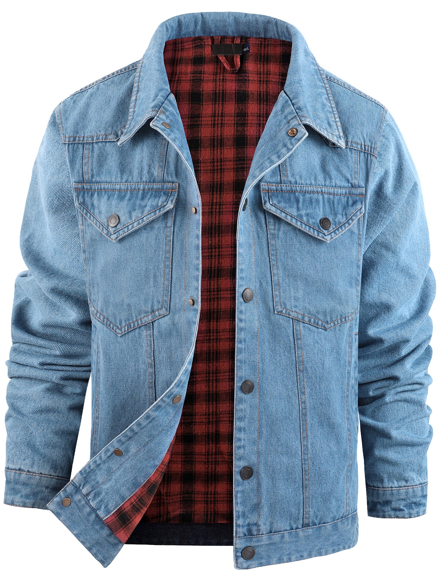 Mr.Stream Men's Western Denim Jacket - Plaid Flannel Lined Snap Front Jean Jacket