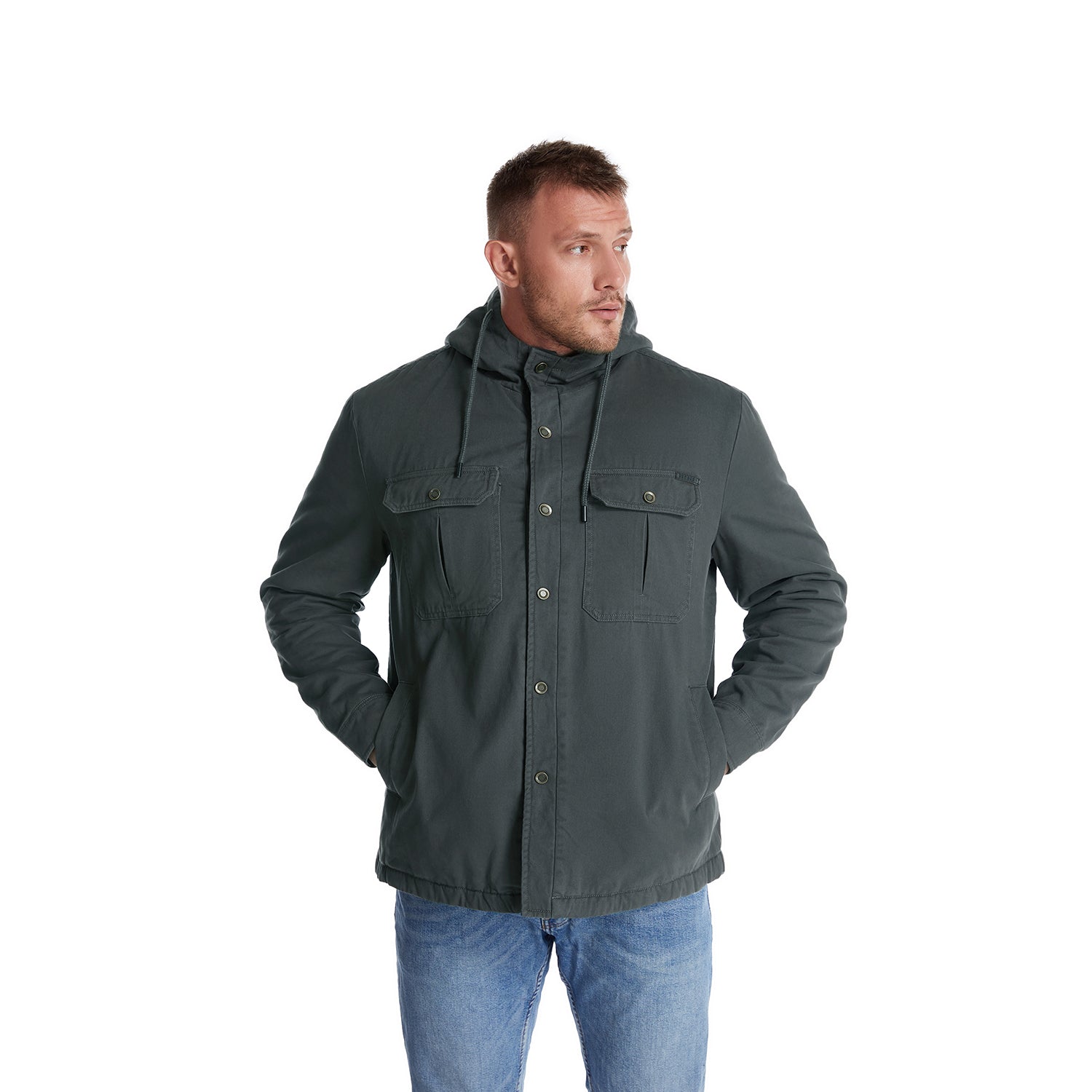 Mr.Stream Men's Sherpa Lined Fleece Hooded Washed Cotton Shirt Jacket